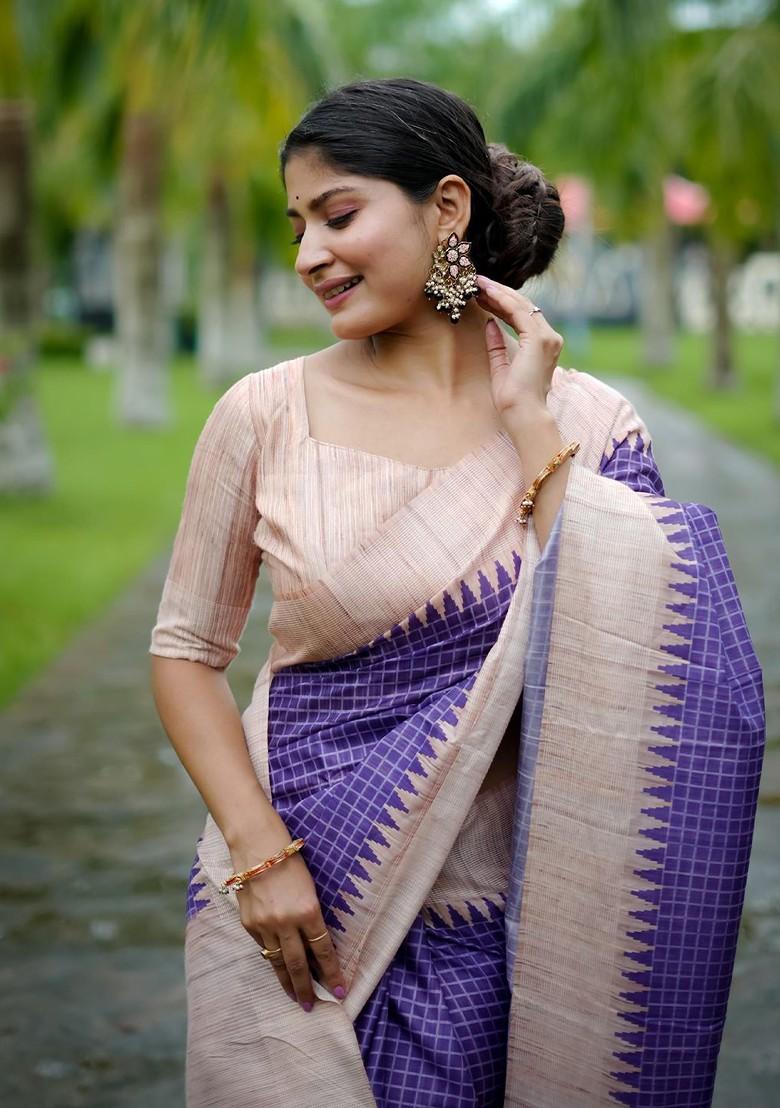 Purple Embroidered Blended Saree Set - Indya
