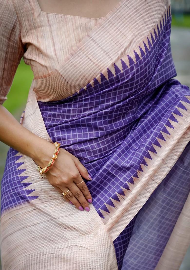 Purple Embroidered Blended Saree Set - Indya