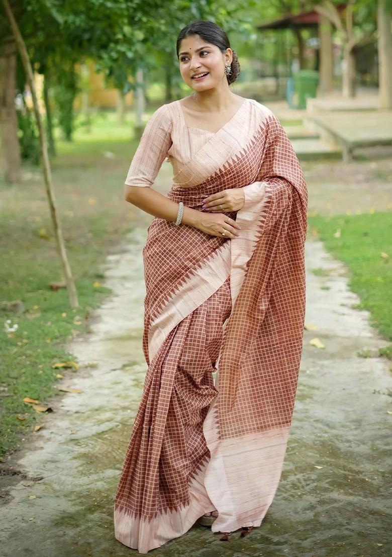 Brown Embroidered Blended Saree Set - Indya