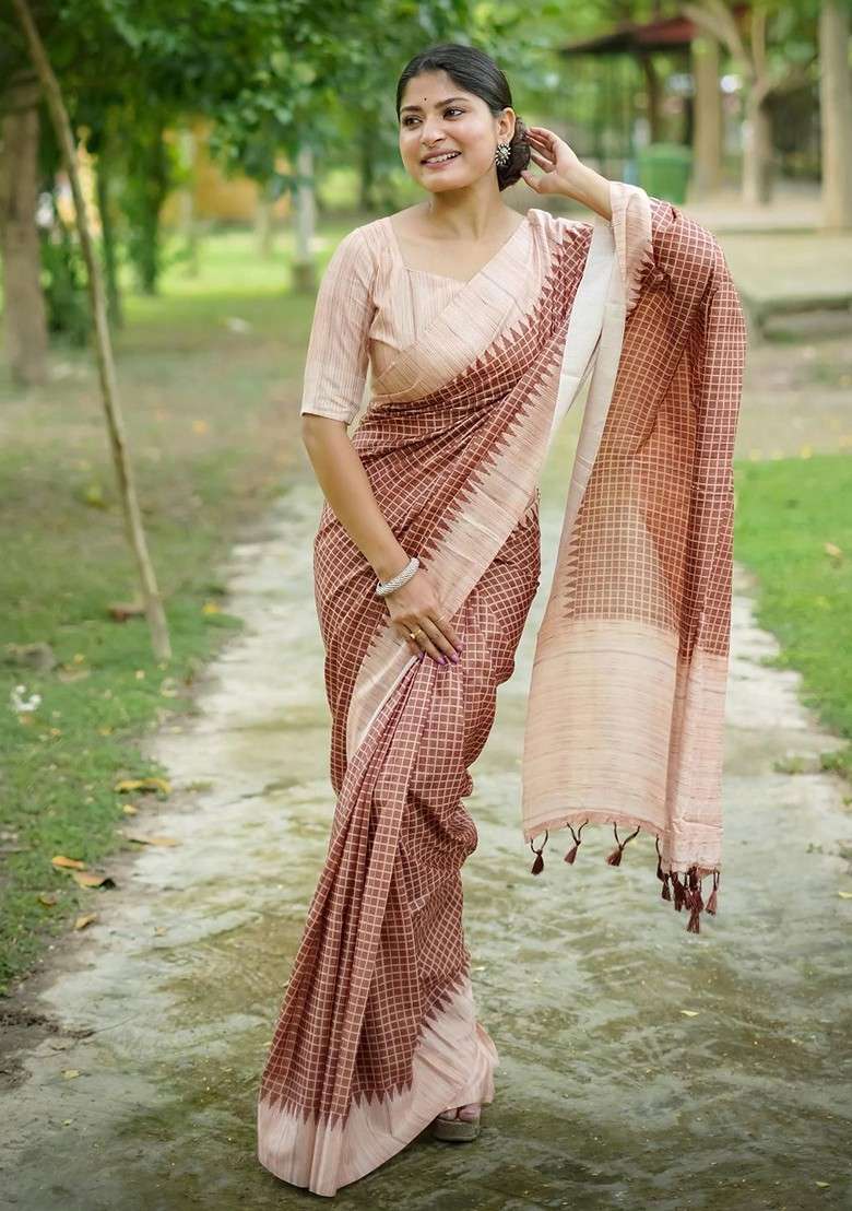 Brown Blended Saree Set with Embroidered for Diwali | Wedding & Festive Wear - Indya