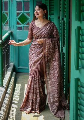 Brown Embroidered Blended Saree Set