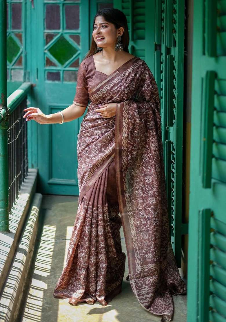 Brown Embroidered Blended Saree Set - Indya