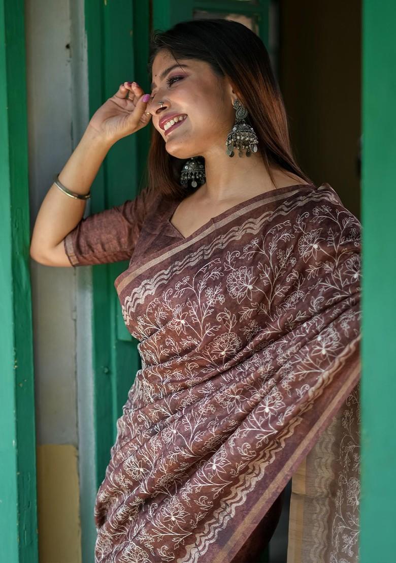 Brown Embroidered Blended Saree Set - Indya
