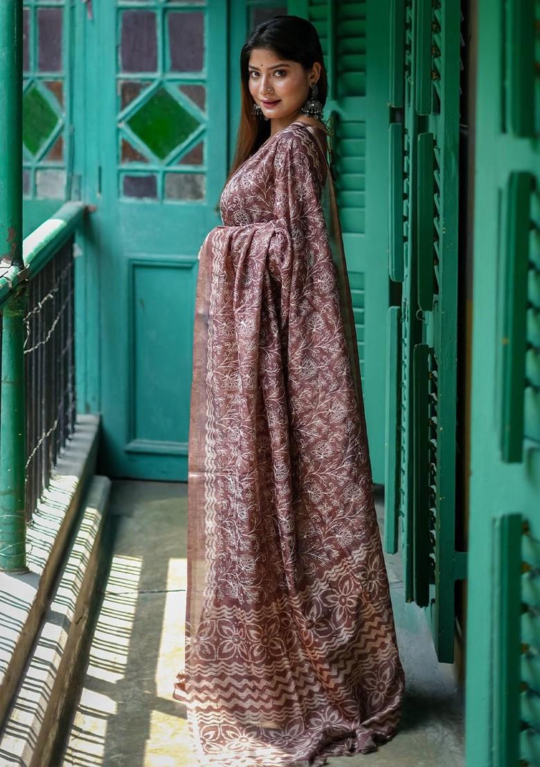 Brown Embroidered Blended Saree Set - Indya