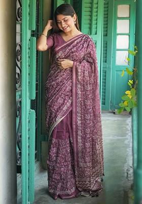 Purple Floral Print Blended Saree Set