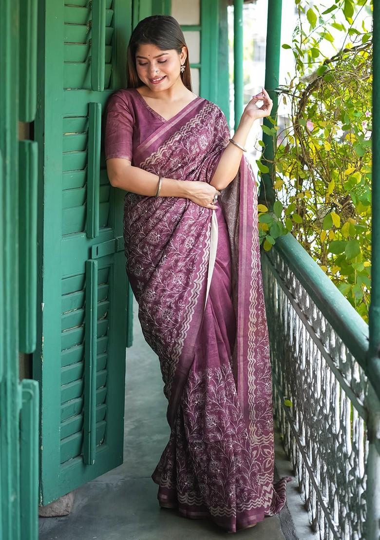 Purple Floral Print Blended Saree Set - Indya