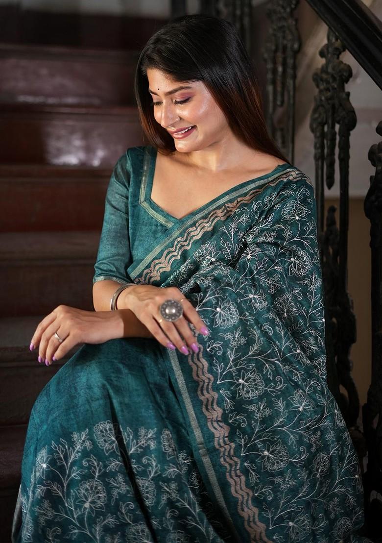 Teal Embroidered Blended Saree Set - Indya