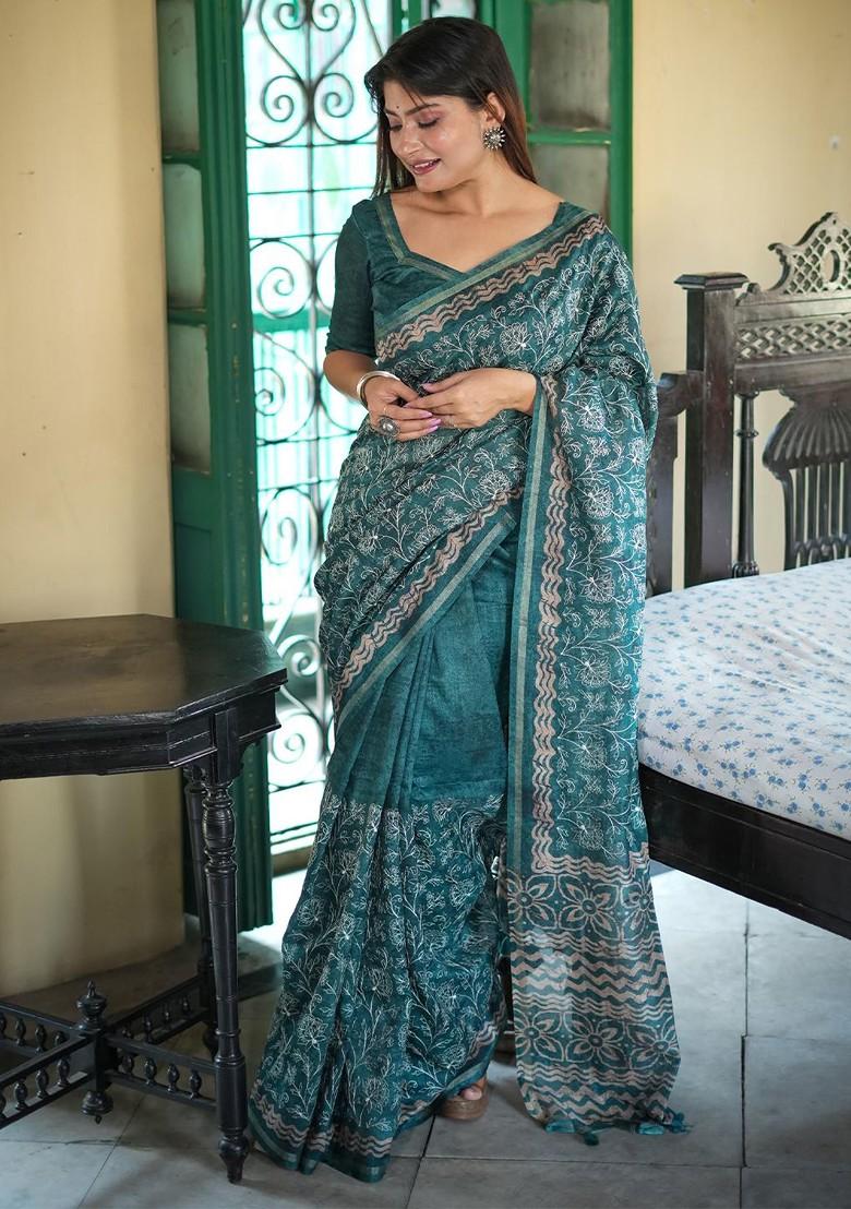 Teal Embroidered Blended Saree Set - Indya
