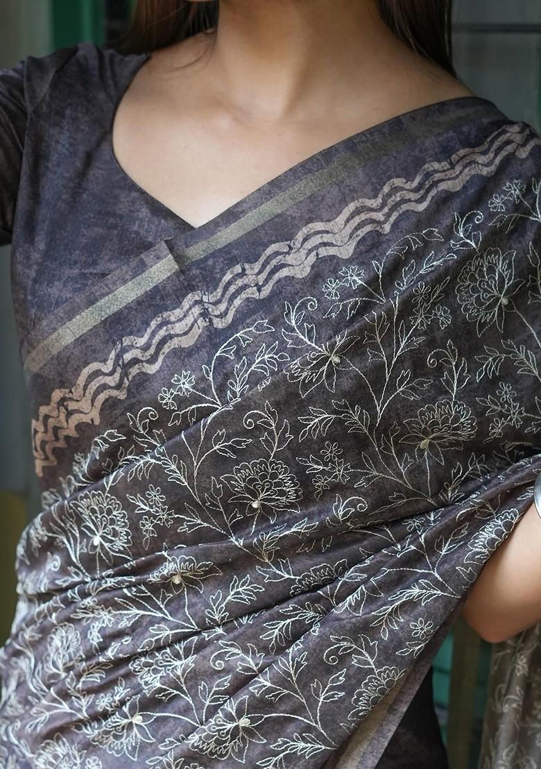 Grey Printed Blended Saree Set - Indya
