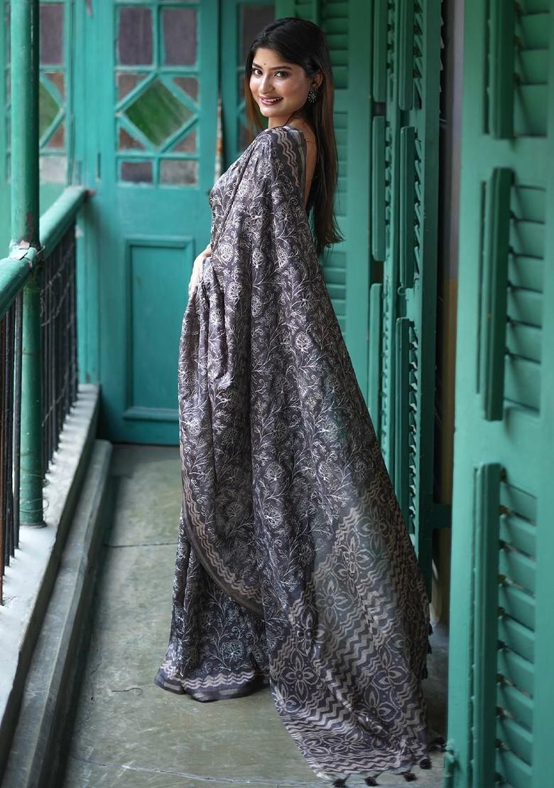 Grey Printed Blended Saree Set - Indya