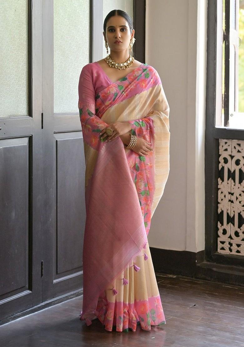 Pink Zari Printed Blended Saree Set - Indya