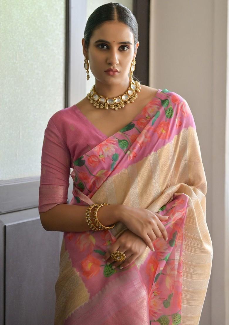 Pink Zari Printed Blended Saree Set - Indya