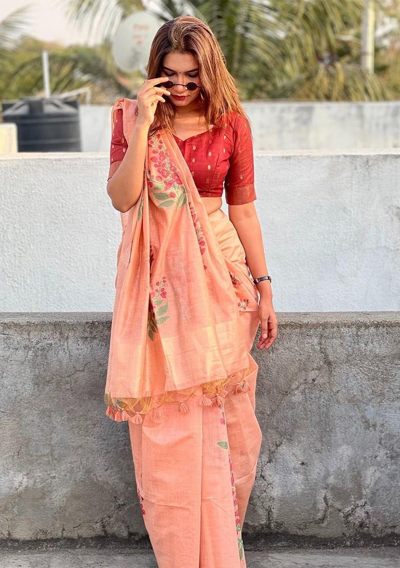 Peach Printed Blended Saree Set - Indya