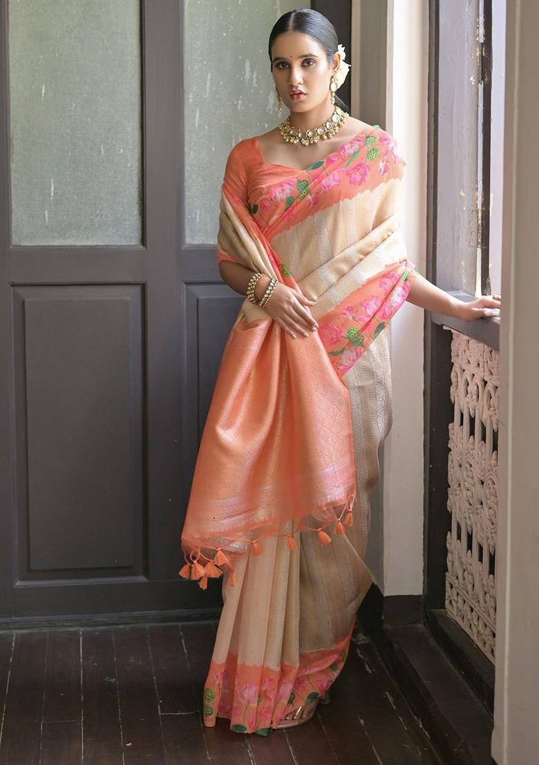 Peach Zari Printed Blended Saree Set - Indya