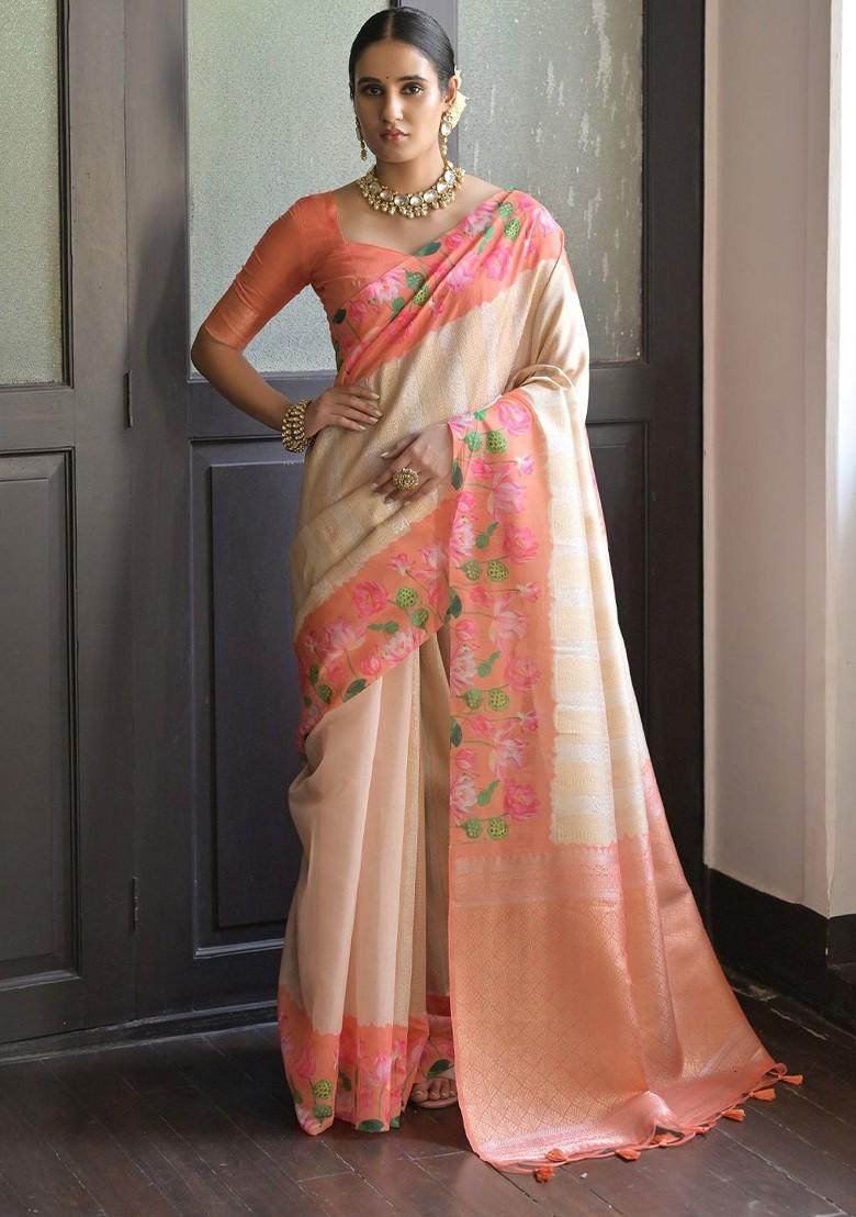 Peach Zari Printed Blended Saree Set - Indya