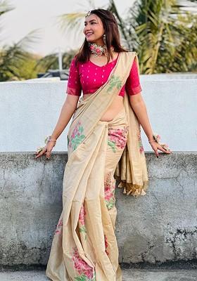 Beige Floral Print Blended Saree Set