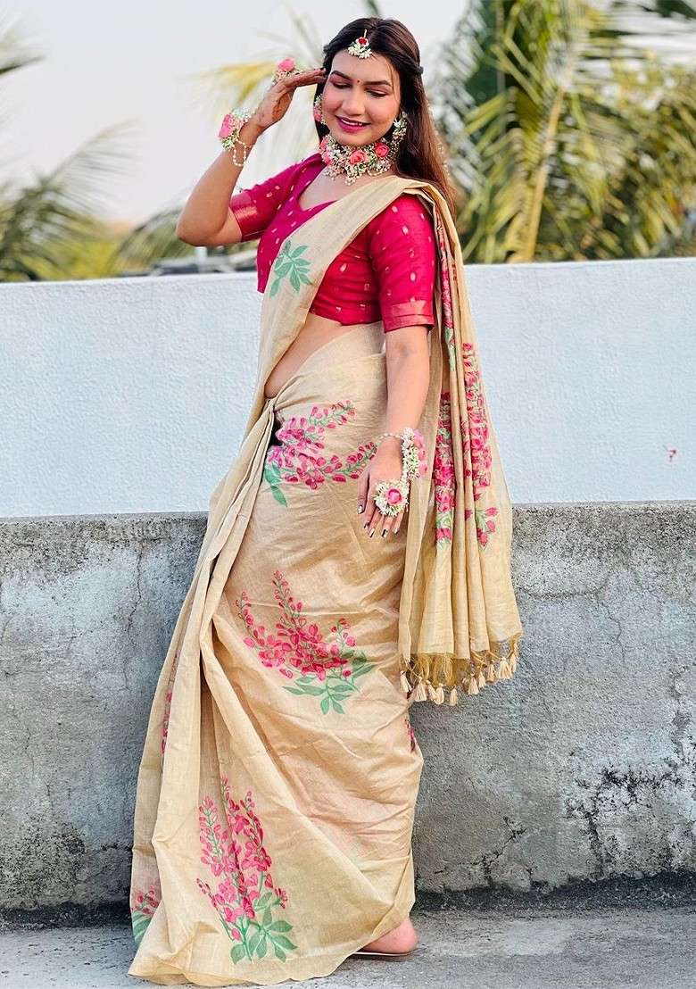 Beige Floral Print Blended Saree Set for Diwali and Festive Wear - Indya
