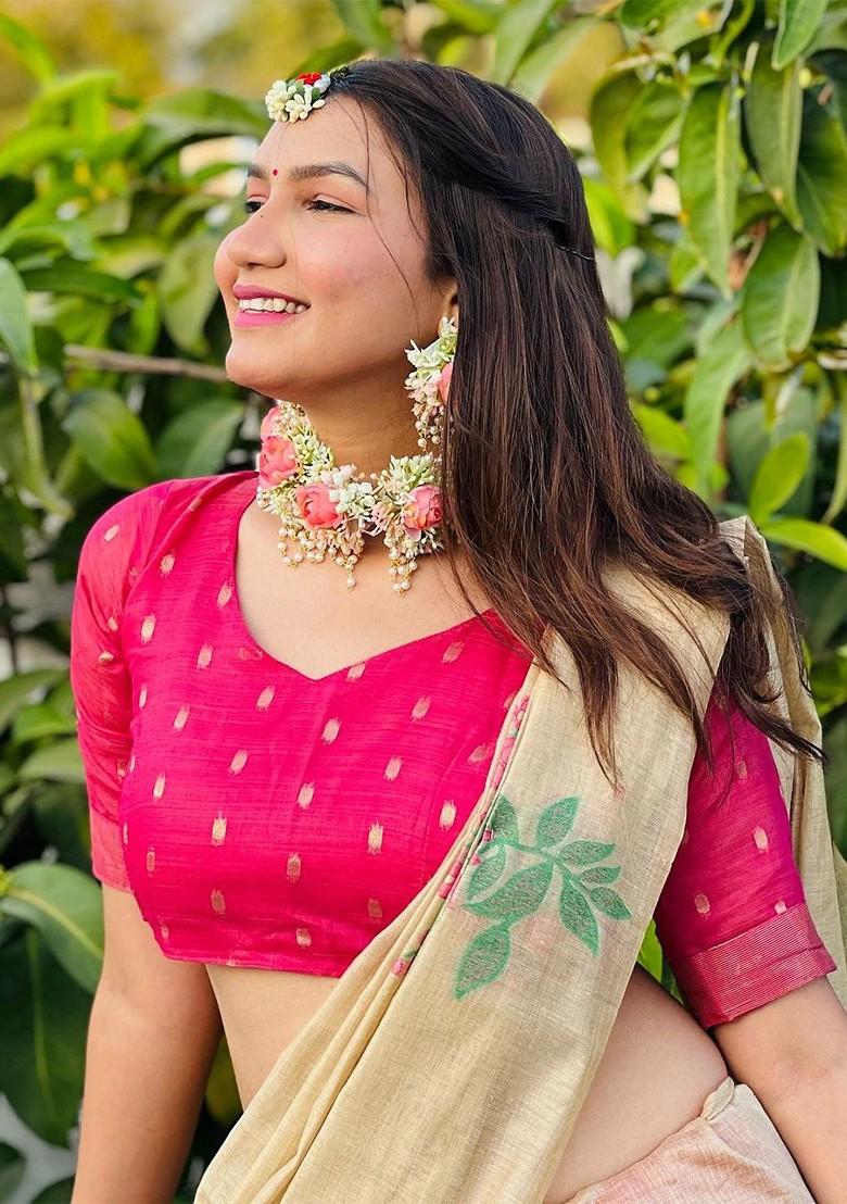 Beige Floral Print Blended Saree Set - Indya