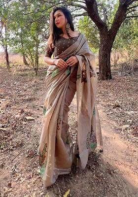 Brown Floral Print Blended Saree Set