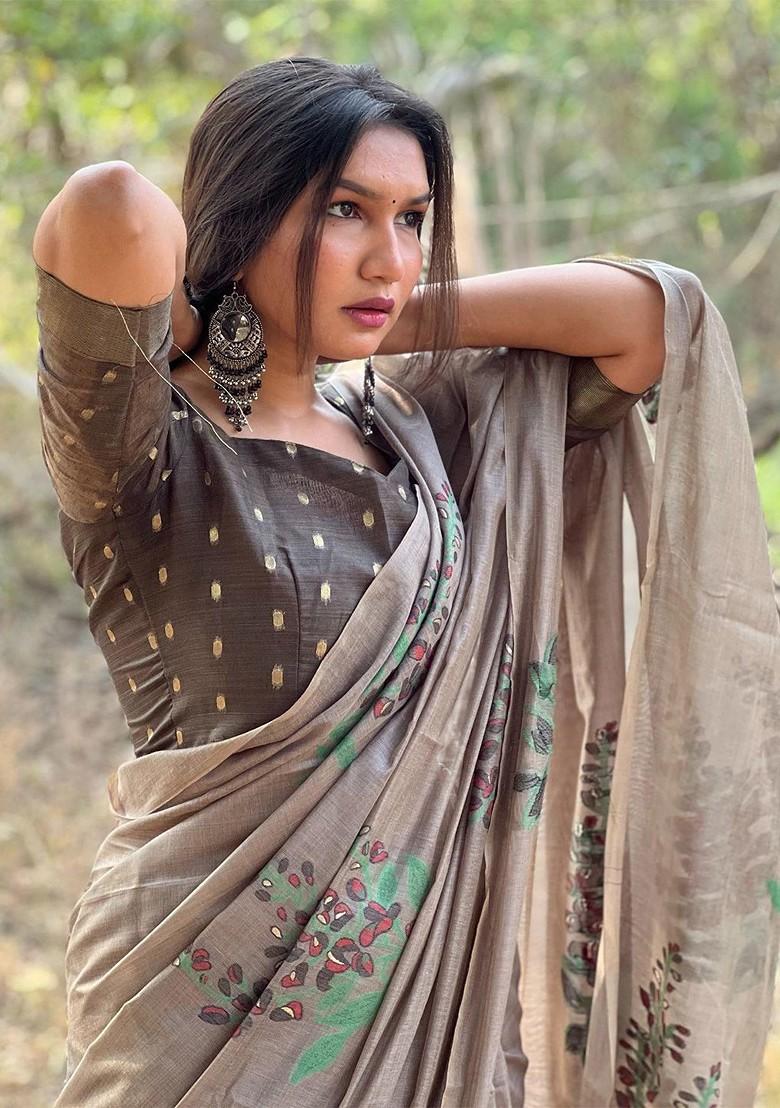 Brown Floral Print Blended Saree Set - Indya