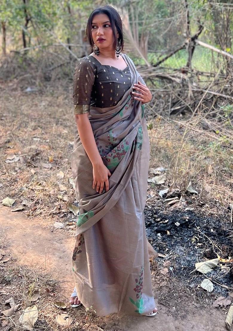 Brown Floral Print Blended Saree Set - Indya