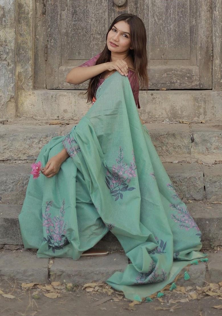 Green Floral Print Blended Saree Set - Indya