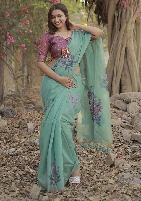 Green Floral Print Blended Saree Set — view on Indya