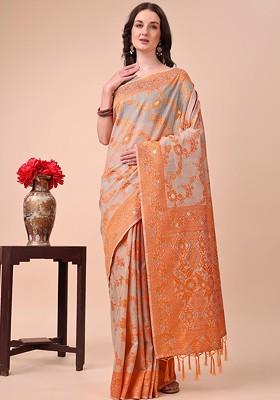 Orange Embroidered Blended Saree Set