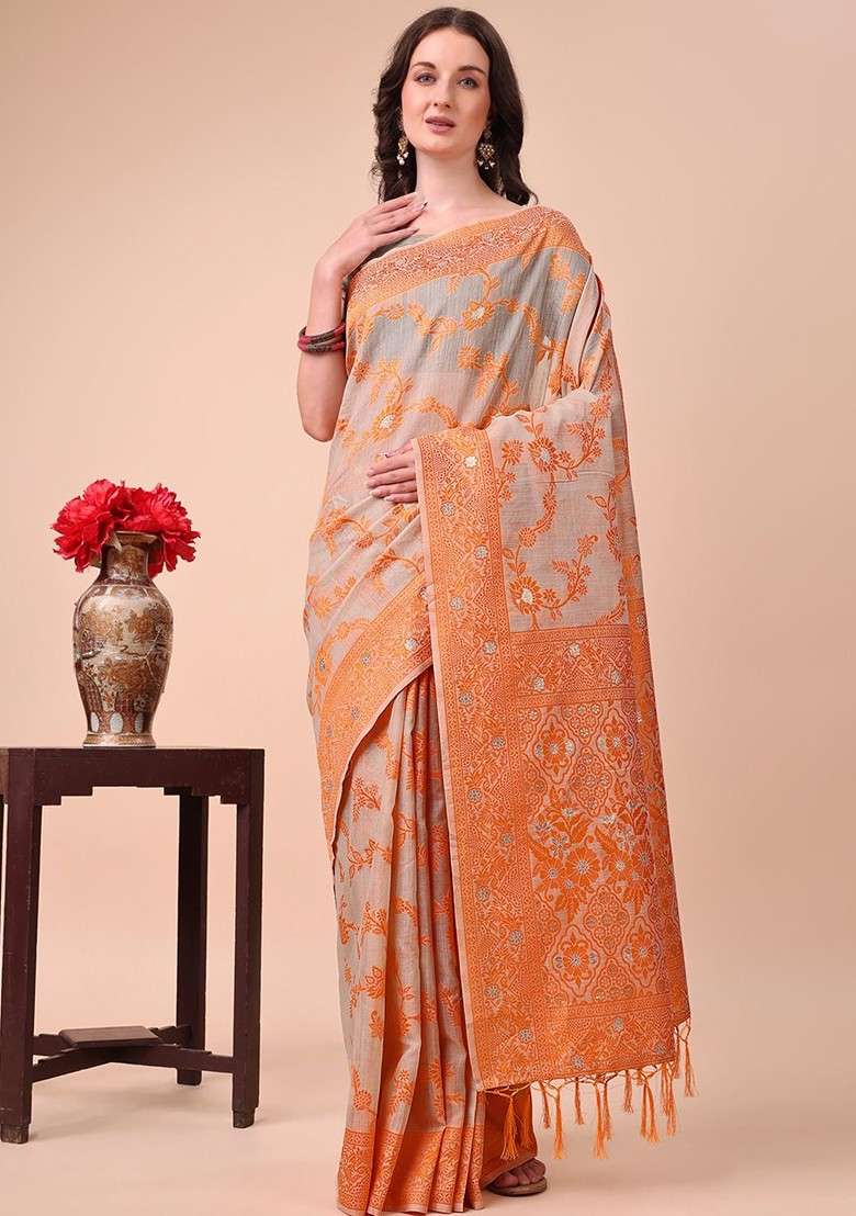 Orange Embroidered Blended Saree Set - Indya