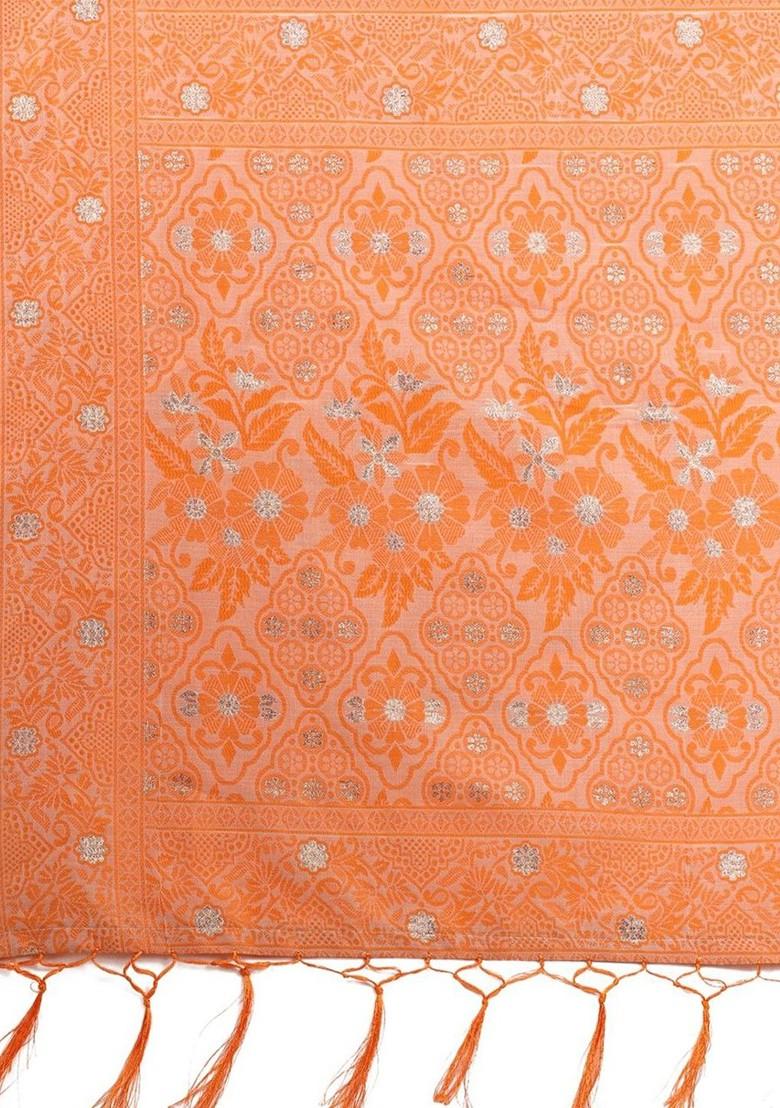 Orange Embroidered Blended Saree Set - Indya