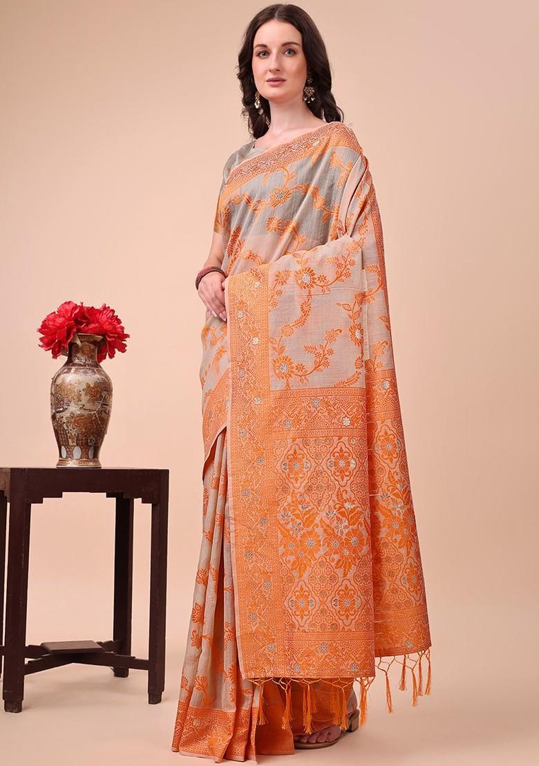 Orange Embroidered Blended Saree Set - Indya