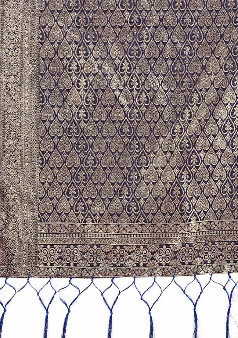 Blue Printed Blended Saree Set - Indya