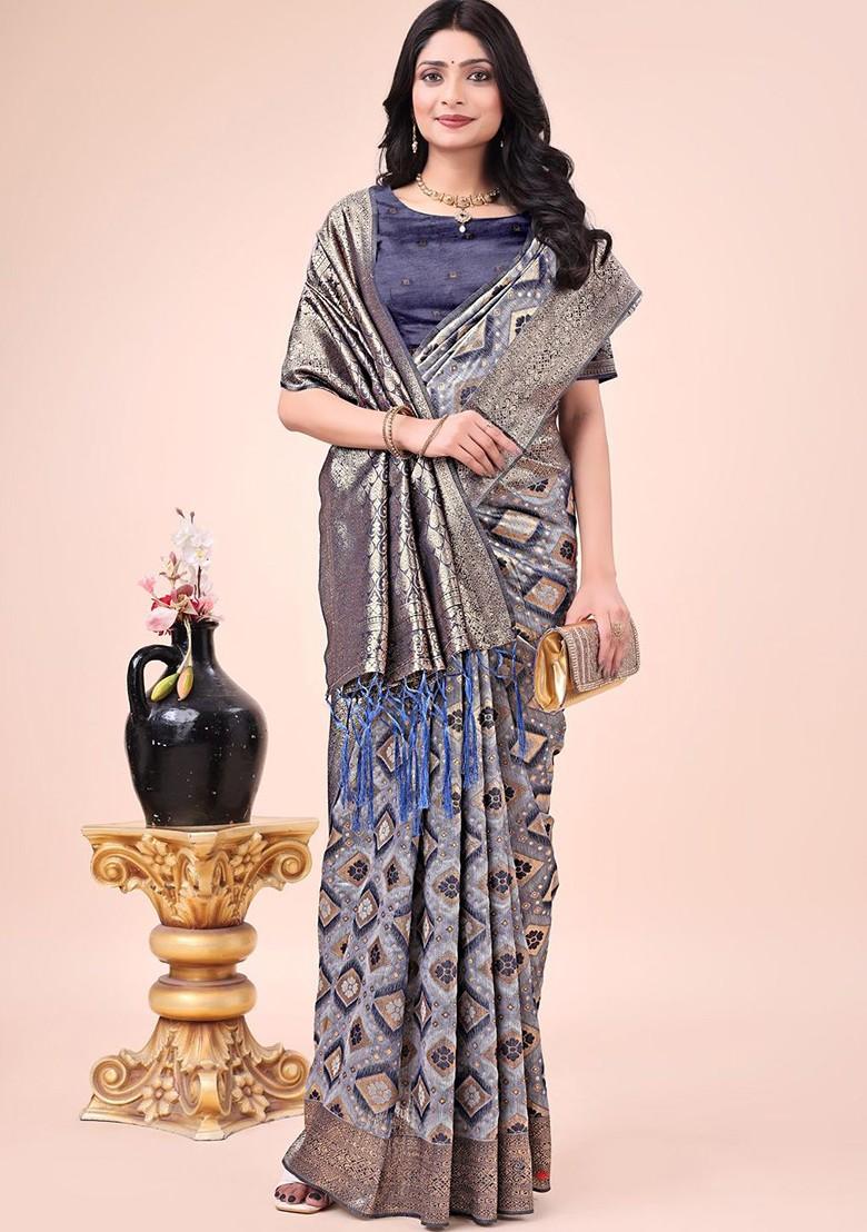 Blue Printed Blended Saree Set - Indya