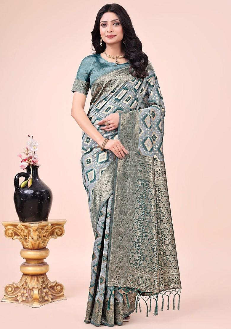 Green Zari Printed Blended Saree Set - Indya