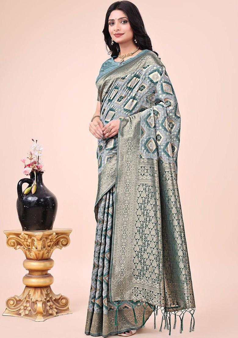Green Zari Printed Blended Saree Set - Indya