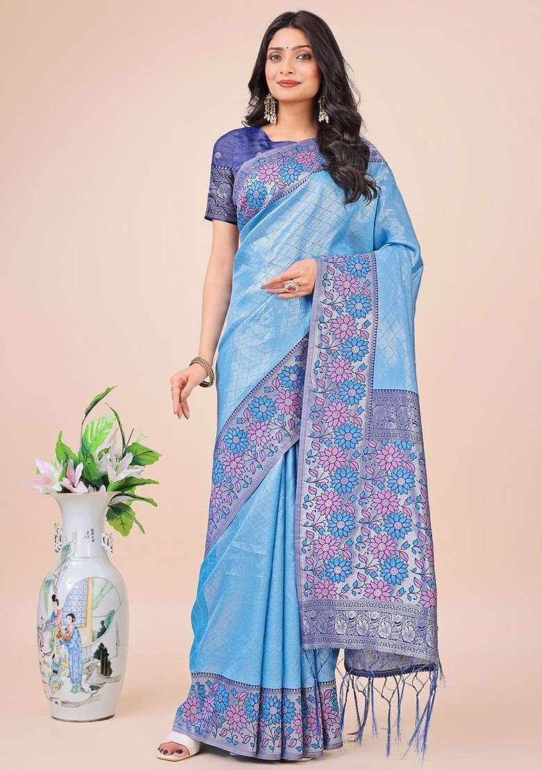 Blue Embroidered Blended Saree Set - Indya