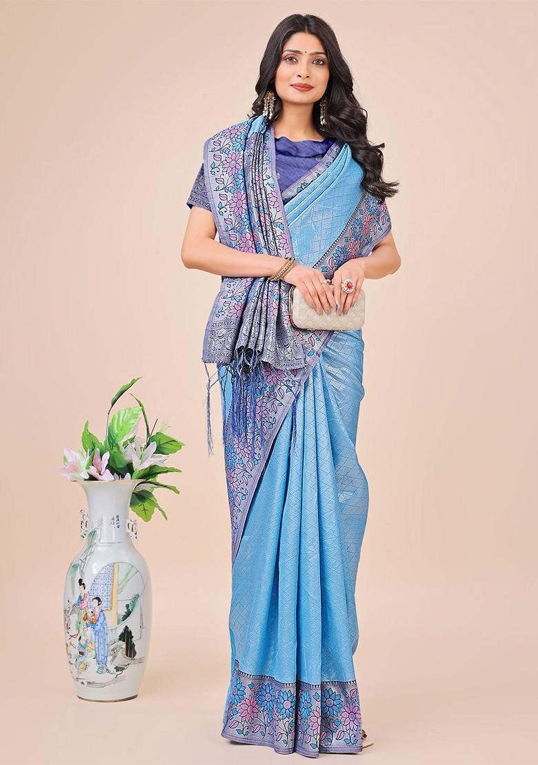 Blue Embroidered Blended Saree Set - Indya