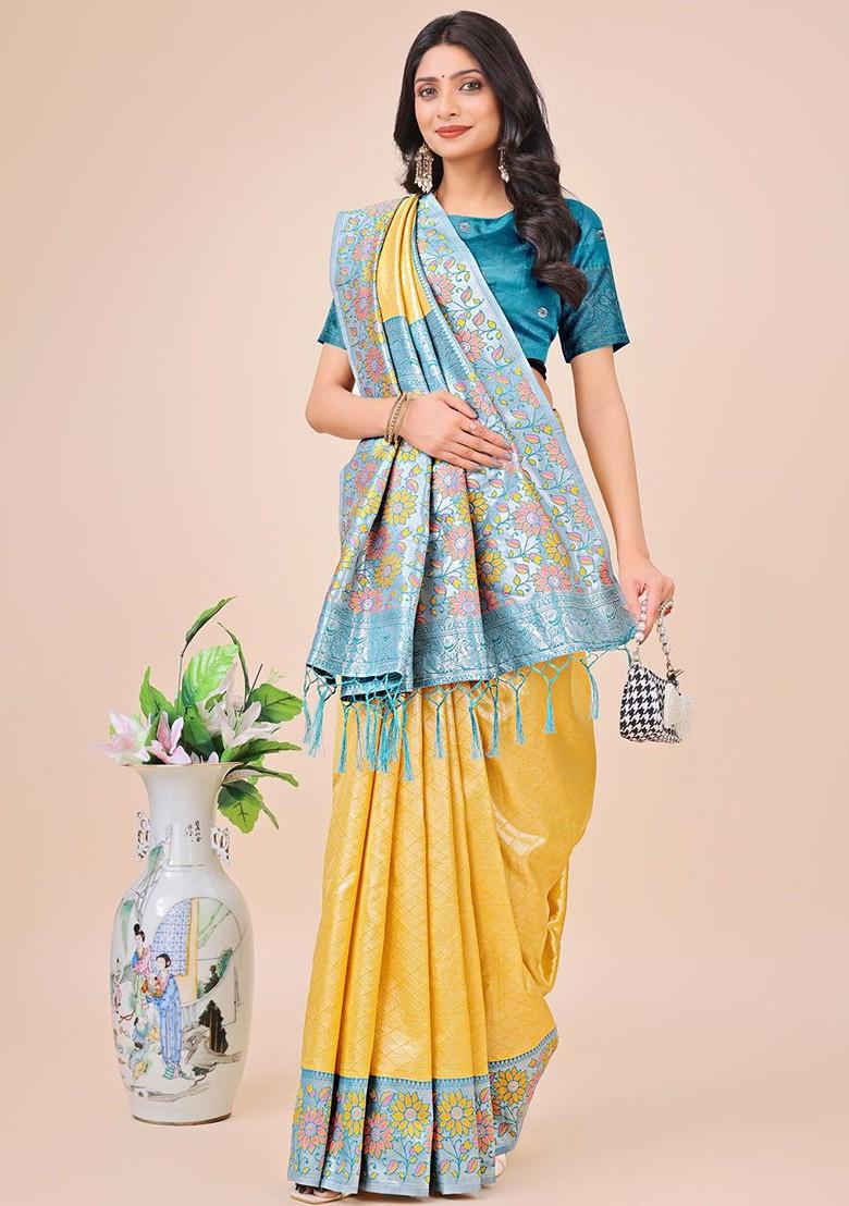 Yellow Zari Printed Blended Saree Set - Indya