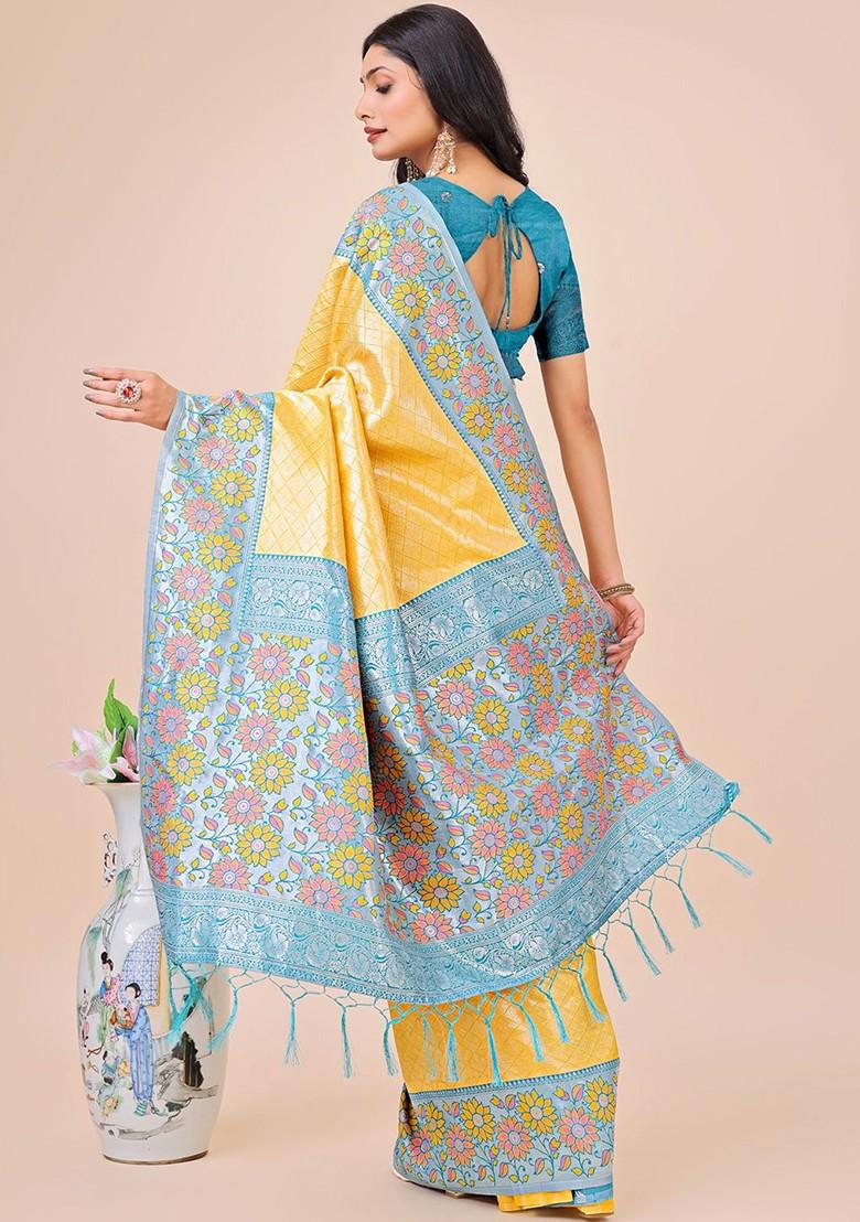 Yellow Zari Printed Blended Saree Set - Indya