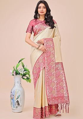 Cream Zari Printed Blended Saree Set