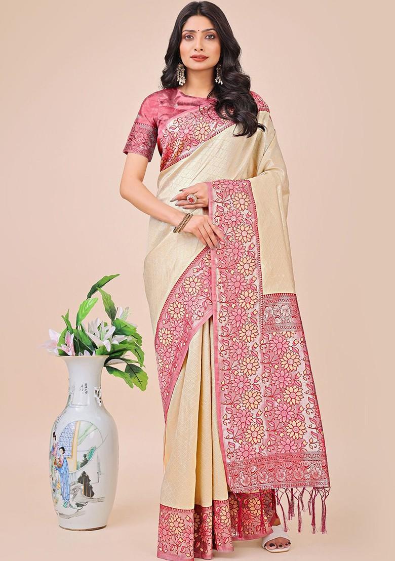 Cream Zari Printed Blended Saree Set - Indya