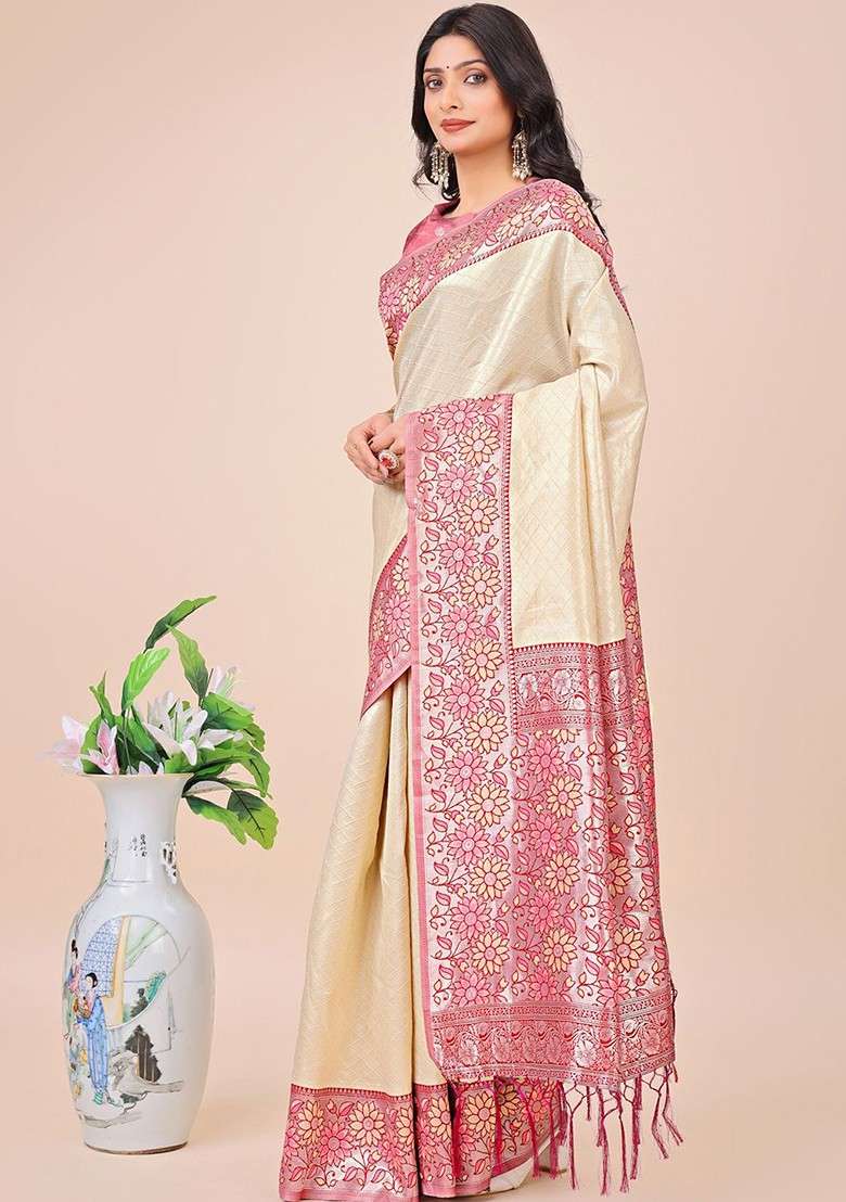 Cream Zari Printed Blended Saree Set - Indya