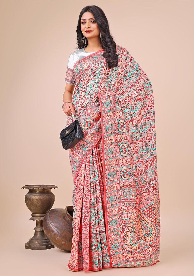 Pink Printed Blended Saree Set - Indya