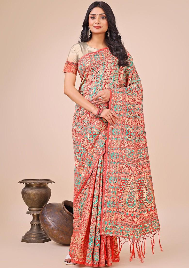 Peach Printed Blended Saree Set - Indya
