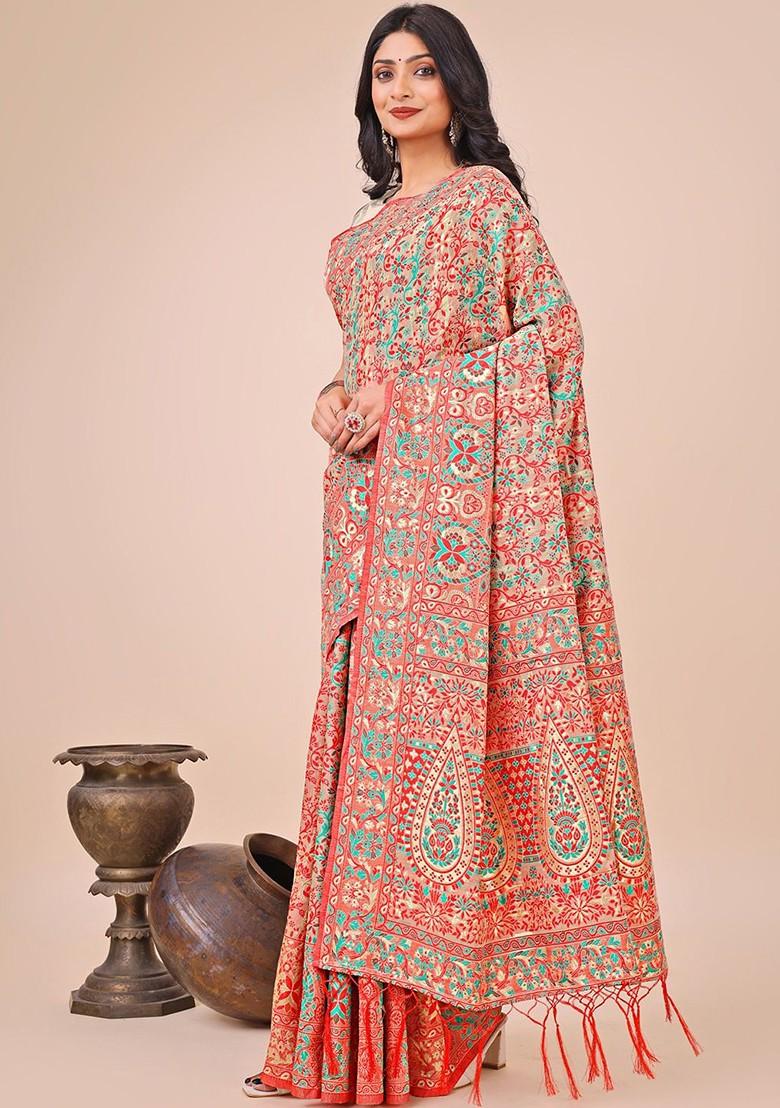 Peach Printed Blended Saree Set - Indya