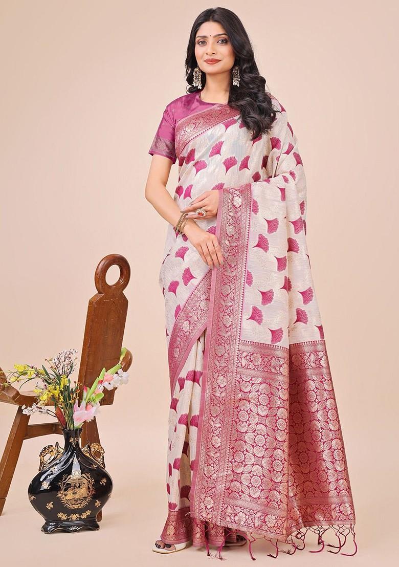 Grey Zari Printed Blended Saree Set - Indya