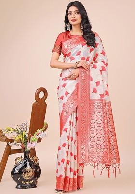 Red Zari Printed Blended Saree Set