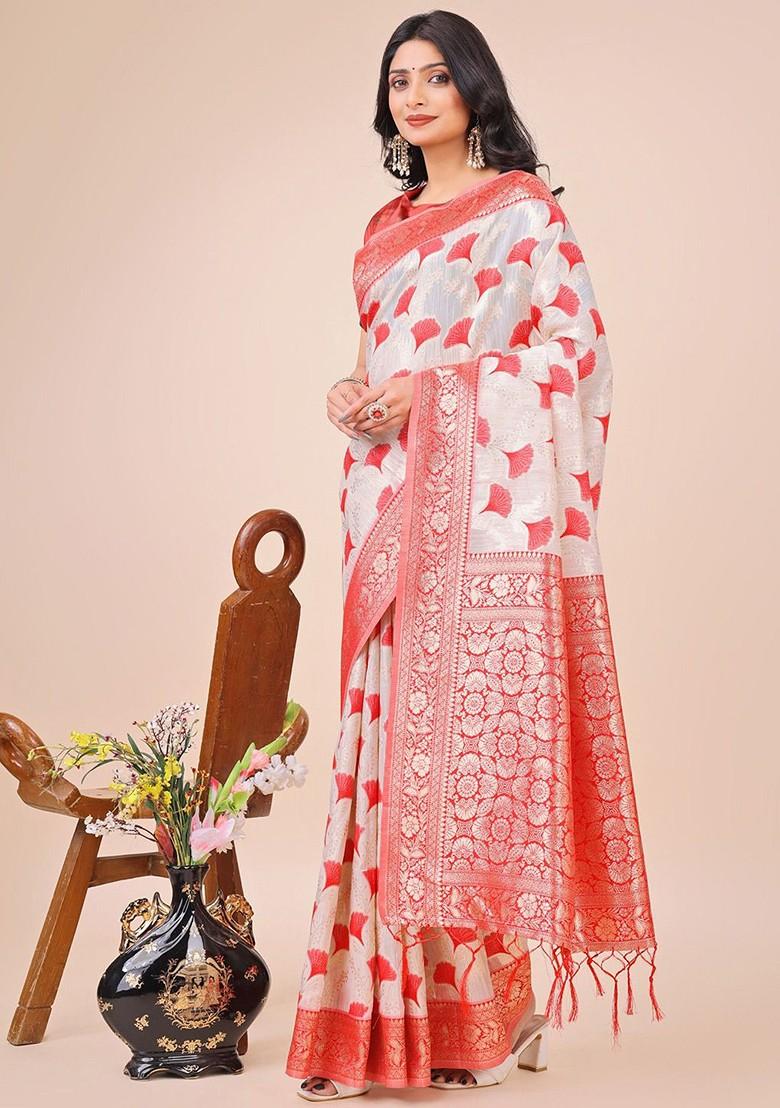 Red Zari Printed Blended Saree Set - Indya