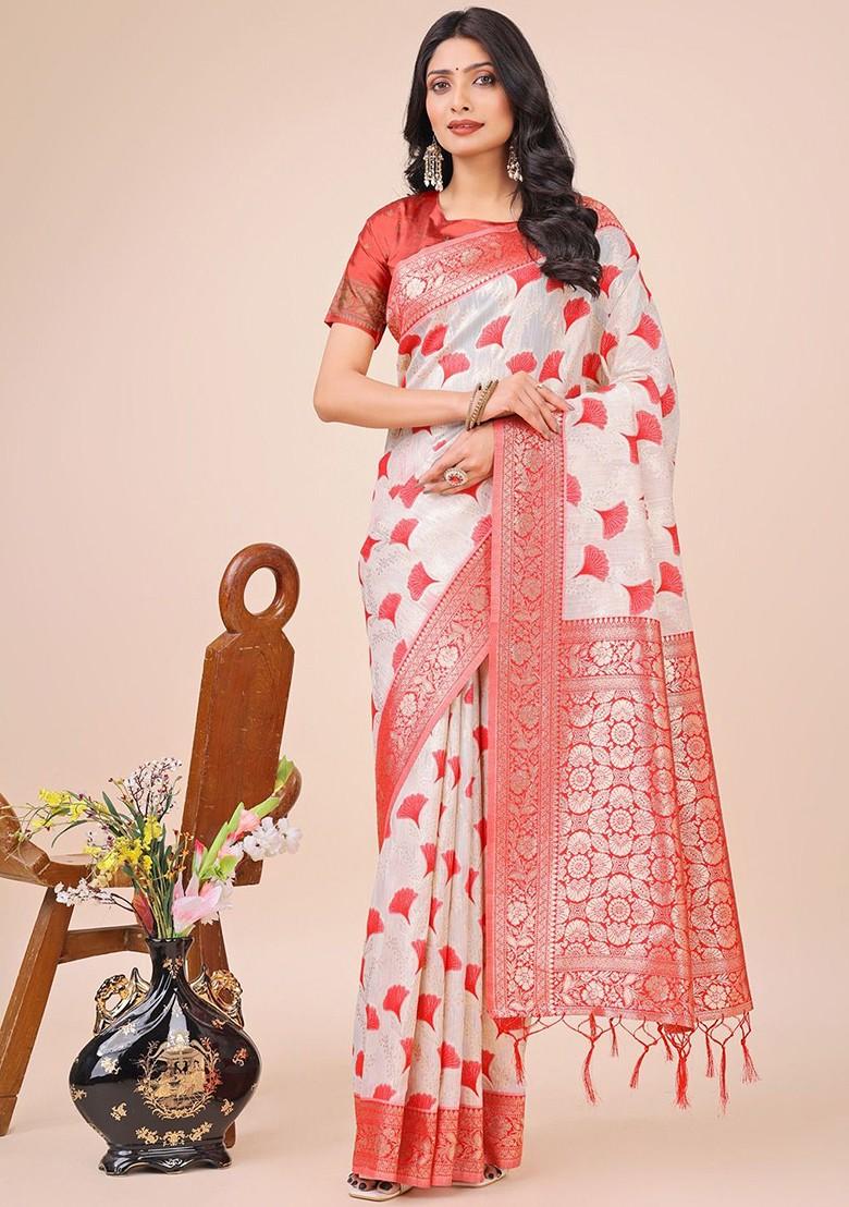 Red Zari Printed Blended Saree Set - Indya