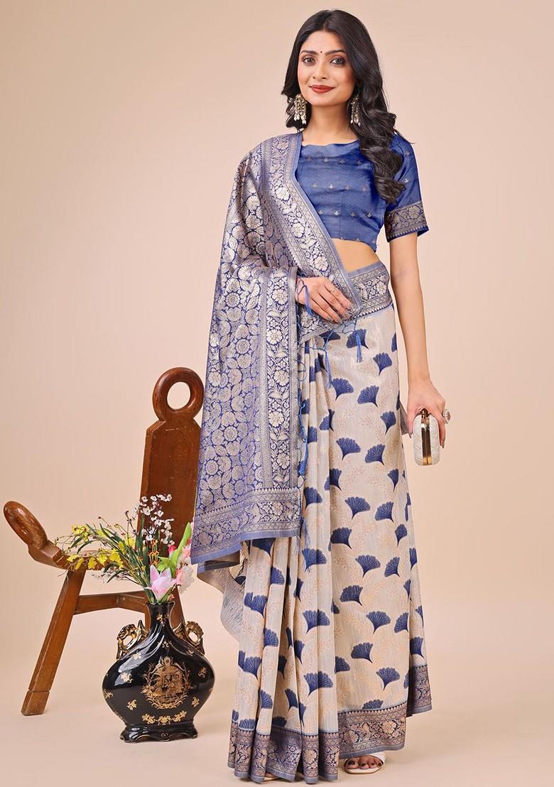 Blue Zari Printed Blended Saree Set - Indya